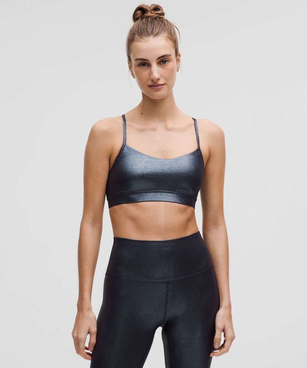 Lululemon Flow Y Sports Bra *Ribbed Shine Radiate Foil Print Black Night Size 2